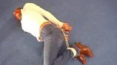Holly Beau In Levis Denim Jeans Top And High Heeled Boots Hogtied On Floor