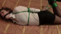 Receptionist Hogtied In Green Ropes